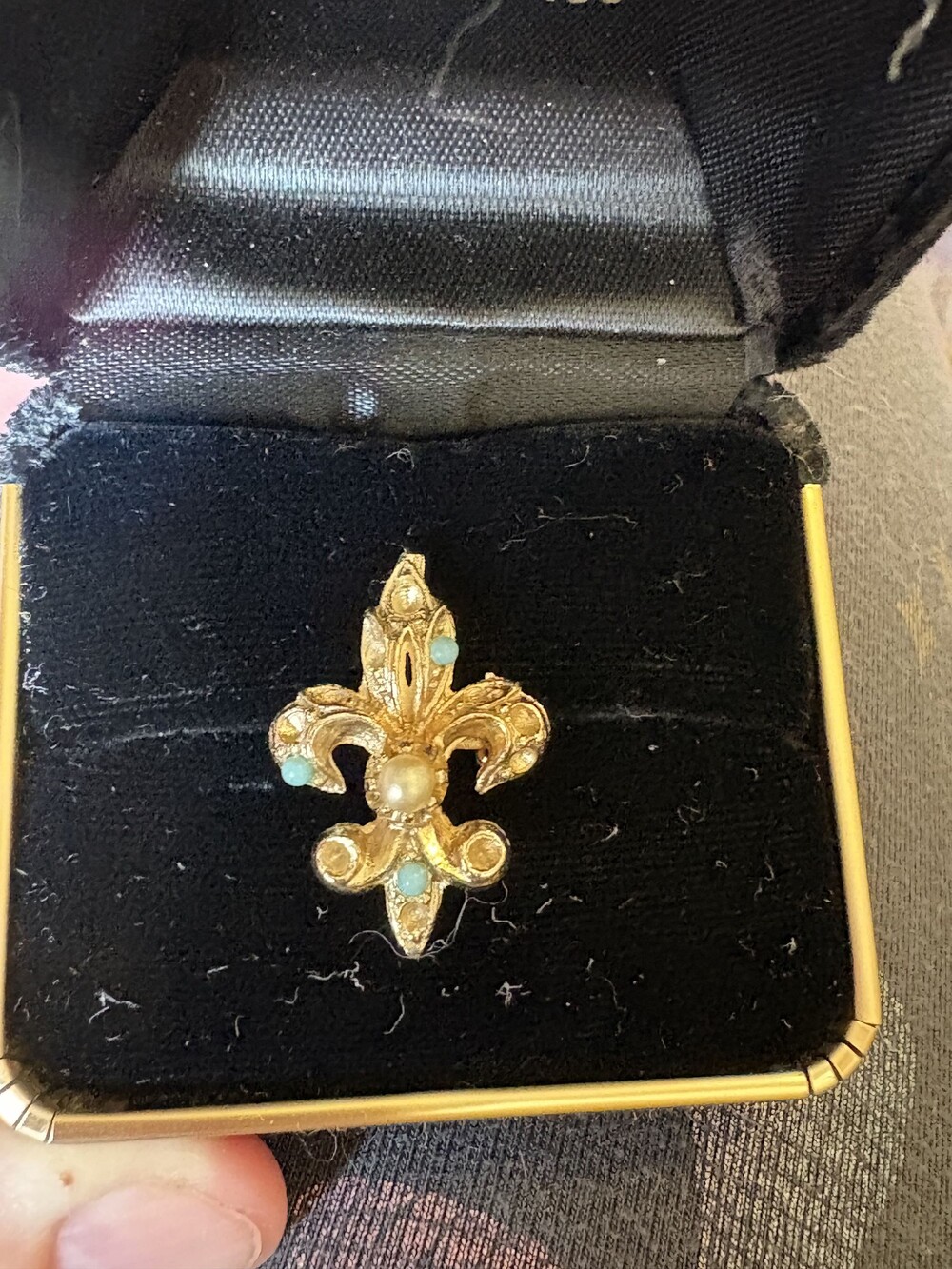 Fleur de Lis Brooch Gold Tone Faux Pearl Turquoise Accent Vintage